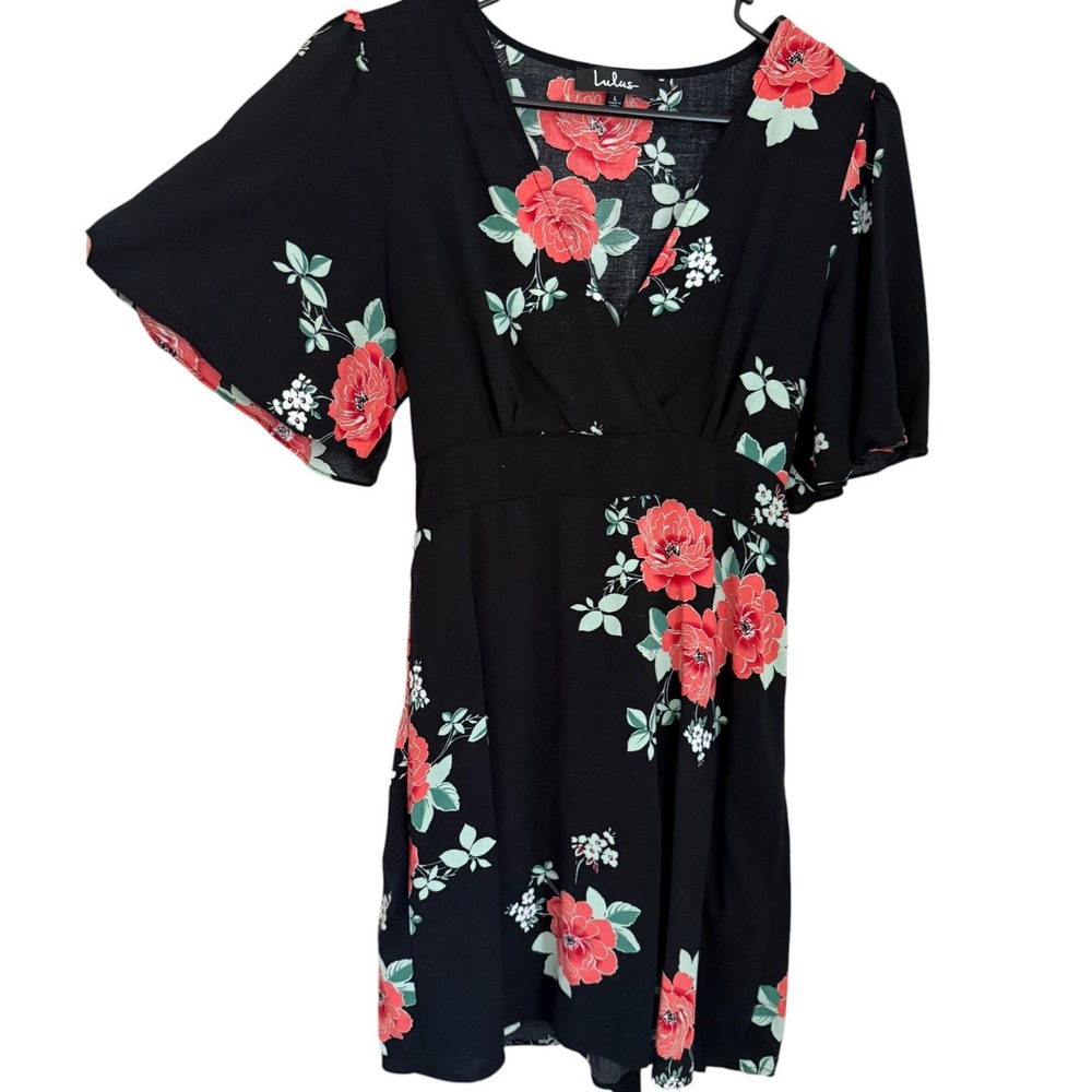 Lulus Soren Floral Wrap Mini Dress L Babydoll Cottage Dark Romantic Fairy Boho